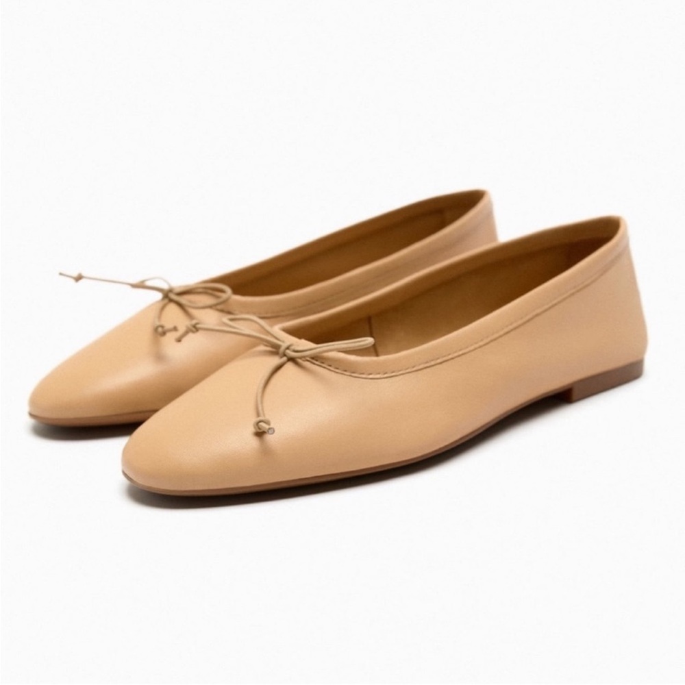 Zara Beige Bow Detail Leather Ballet Flats